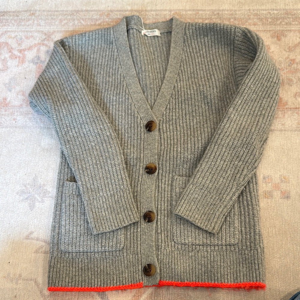 Gray Ribbed Cardigan with Orange Trim